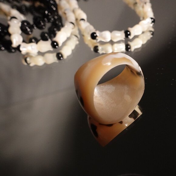 Vintage Black and Shell White floral Beaded Necklace with Shell Ring Accent - Picture 9 of 16